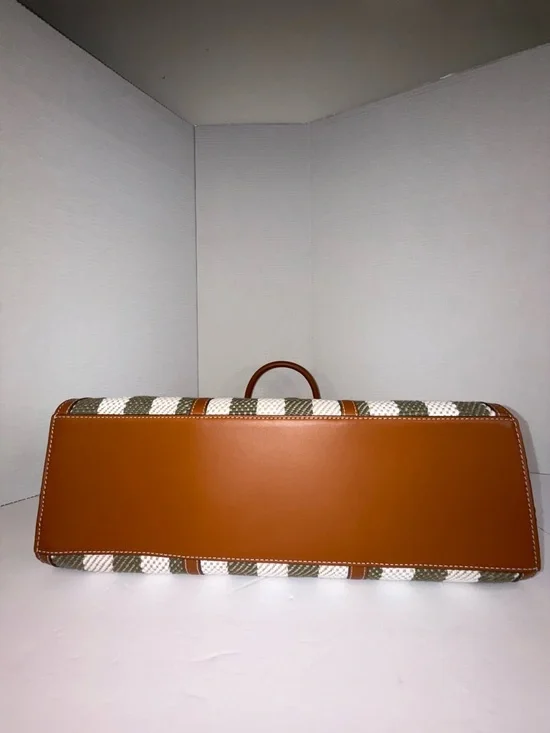 Tory Burch Blake Grove Green & White Striped Canvas Tote Cognac Leather Trim - Picture 5 of 14